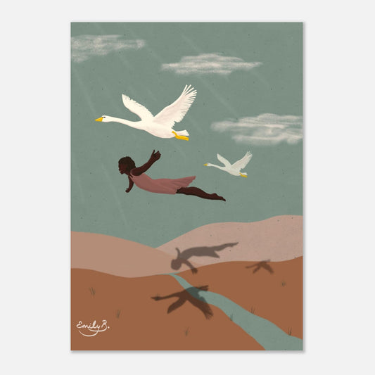 Flying With Swans art print illustration featuring a Black female figure gliding through the sky with swans and layered terrain below