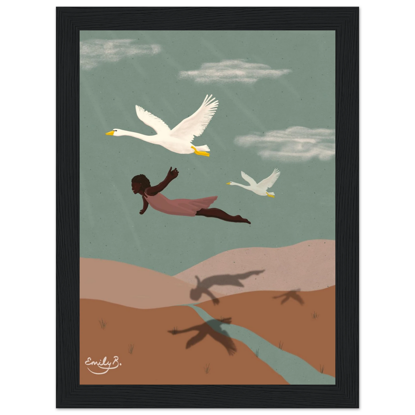 Framed art print from the Flying With Swans artwork in the Kindred Creatures collection