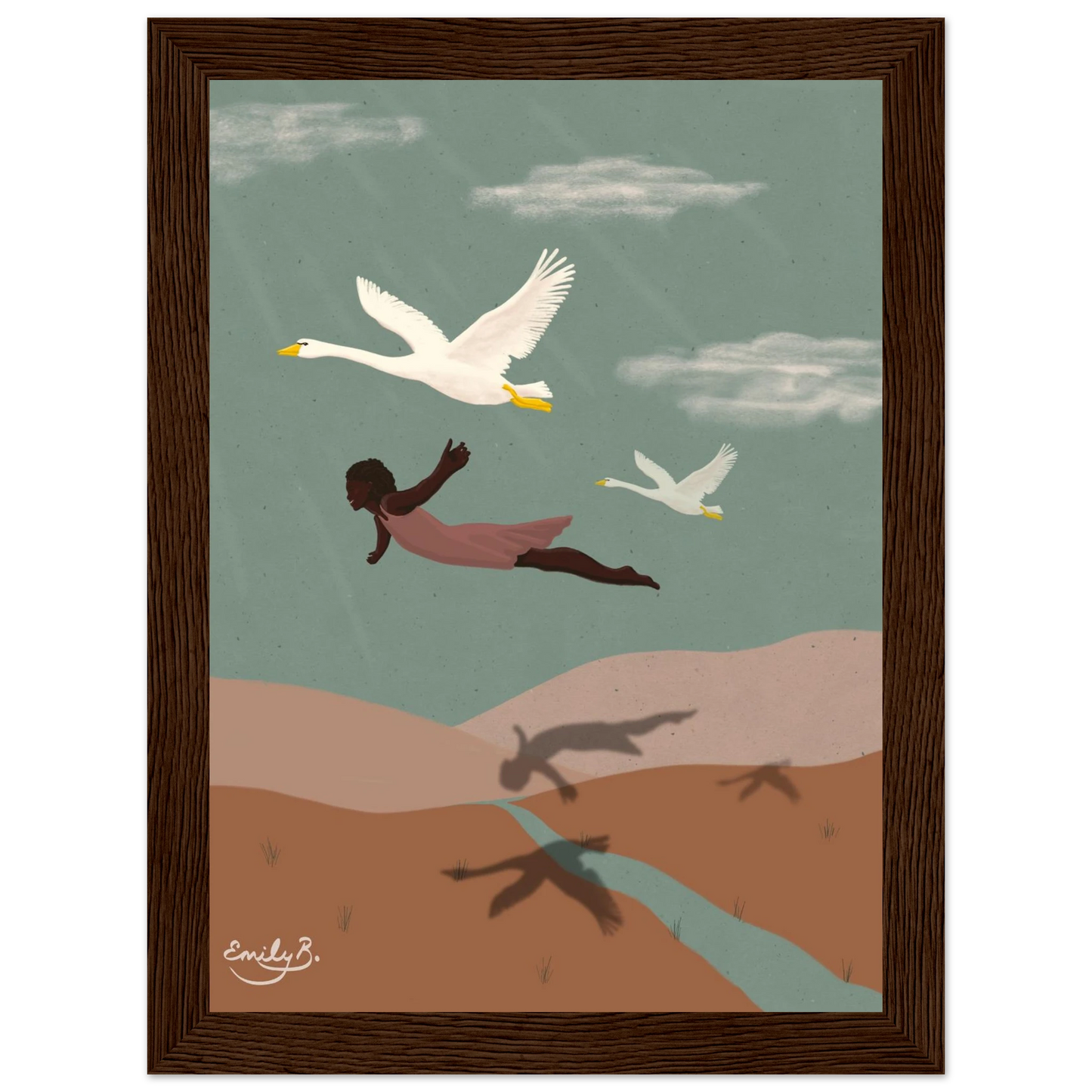 Framed illustrated art print exploring connection between a woman and swans