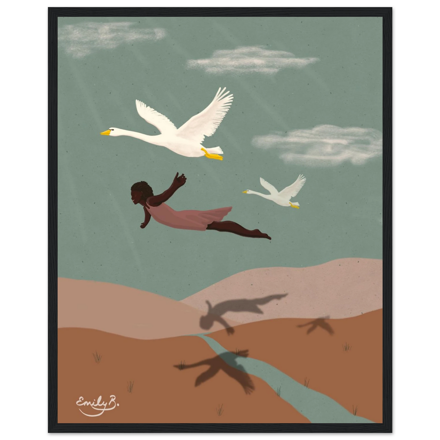 Detailed front view of the Flying With Swans framed art print