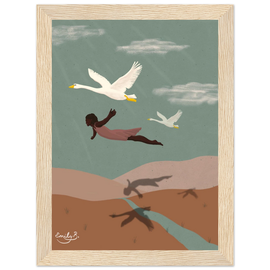 Clean front view of the Flying With Swans framed art print with no background distractions