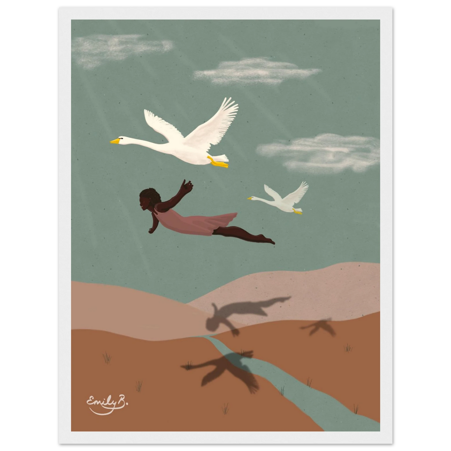 Front-facing view of the Flying With Swans framed illustrated art print