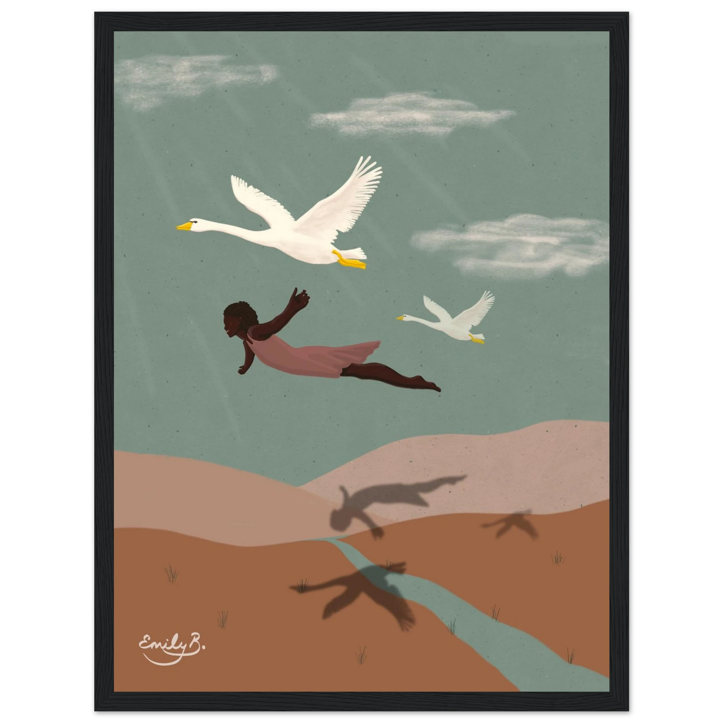 Front view of the Flying With Swans framed art print from the Kindred Creatures collection