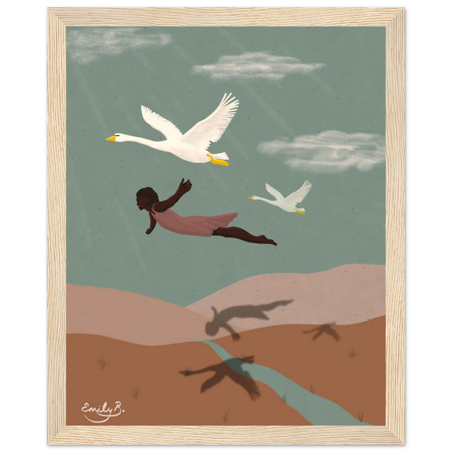 Full front view of the Flying With Swans framed illustrated art print