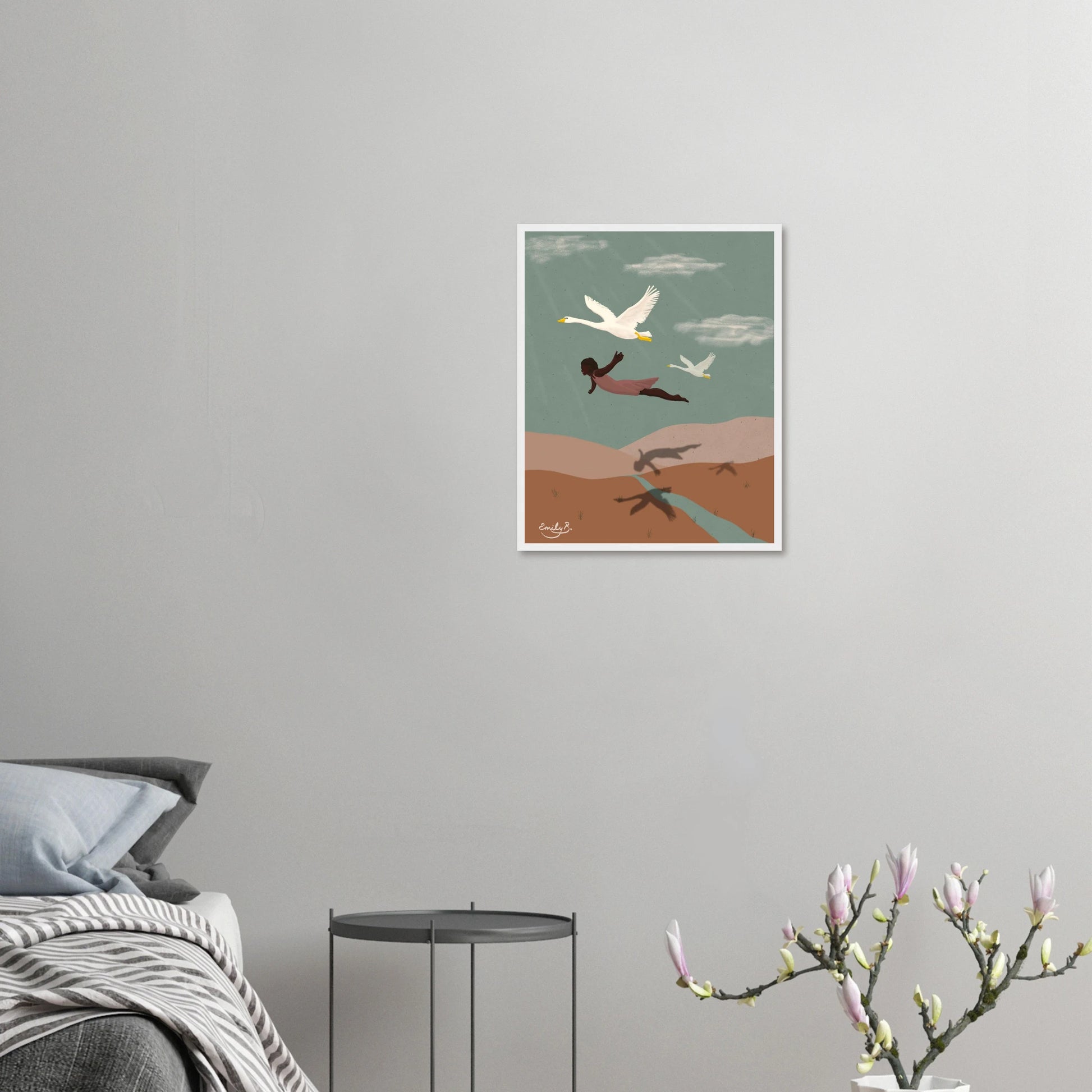 Story-led framed wall art featuring a woman gliding with swans