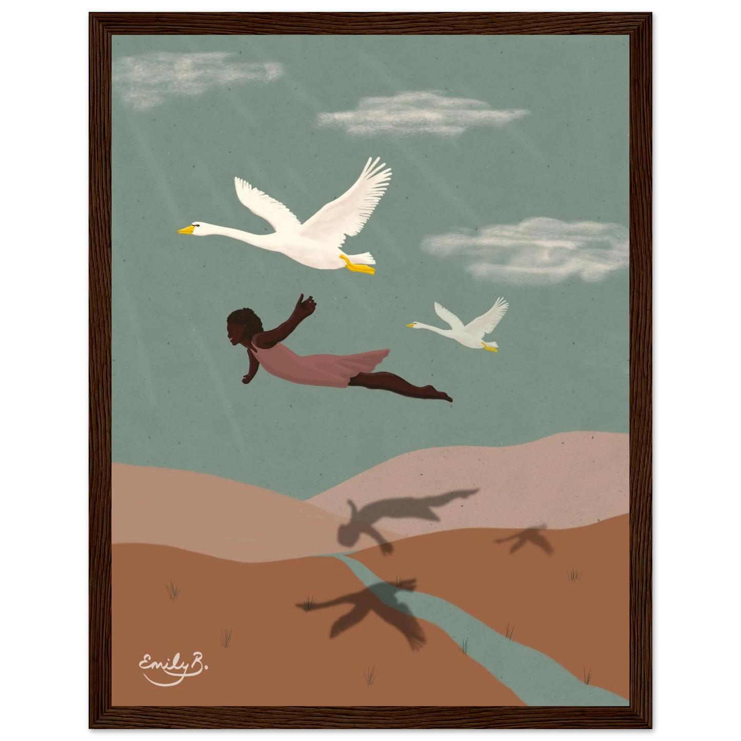 Illustrated framed wall art print showing a black woman flying with swans