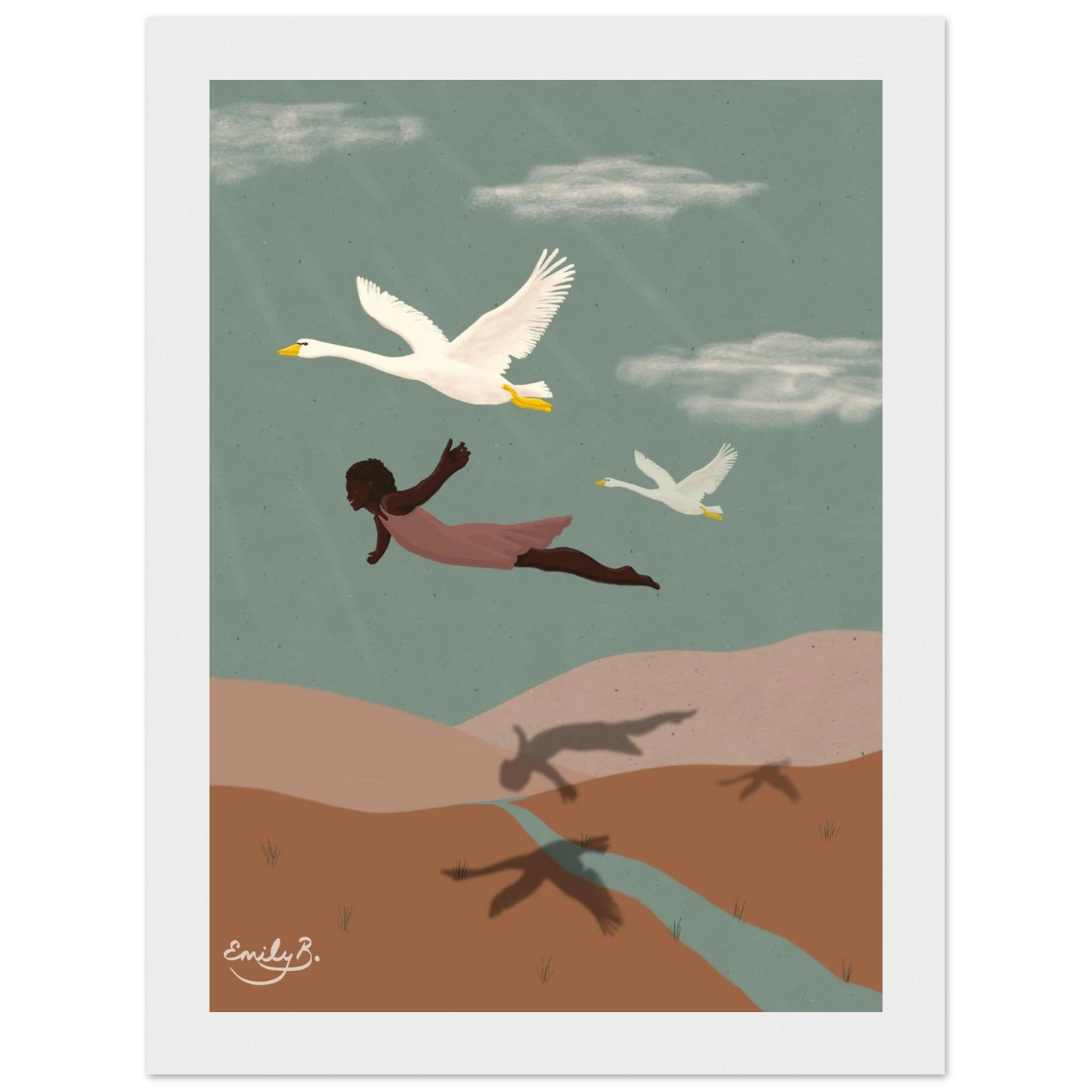 Illustrated framed art print showing a woman and swans flying together