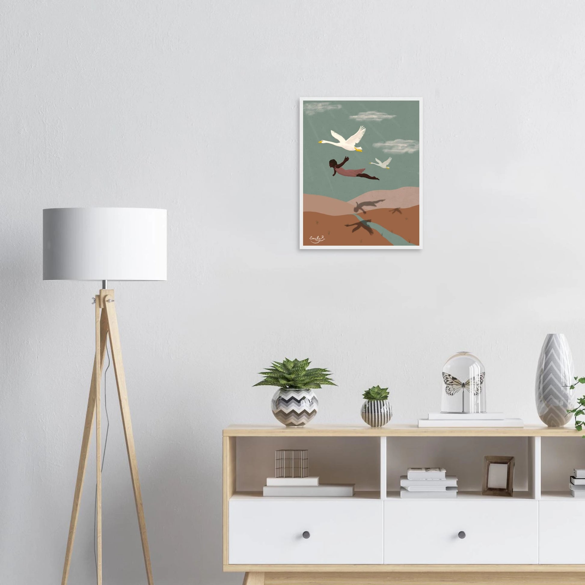 Flying With Swans framed art print styled in a modern interior space