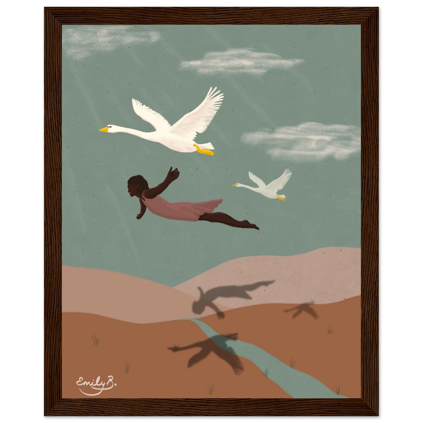 Joyful framed art print showing a black woman flying with swans