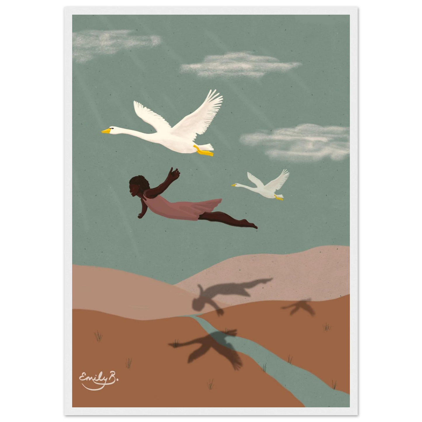 Framed art print showing rolling hills, a river, and figures flying above