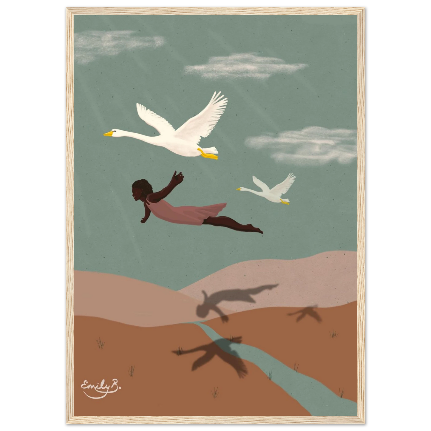 Framed illustrated art print inspired by flight, landscape, and connection
