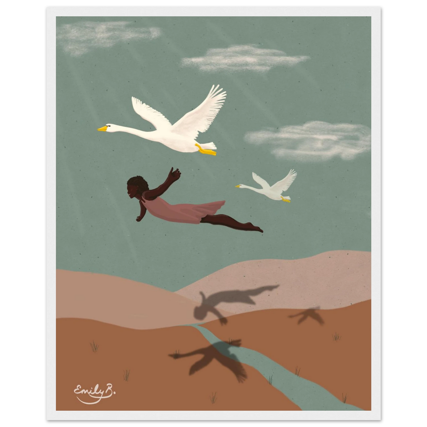 Illustration of a woman flying with two swans against a green sky.