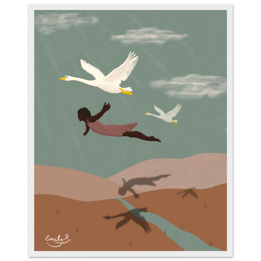 Illustration of a woman flying with two swans against a green sky.