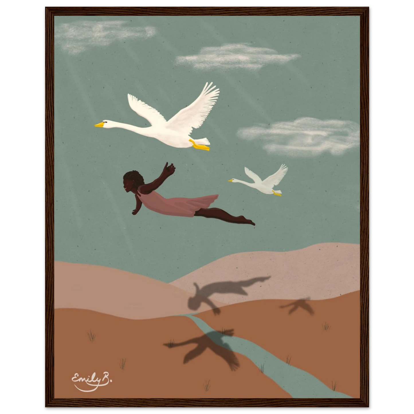 Framed illustrated art print showing a woman flying with two swans above rolling hills