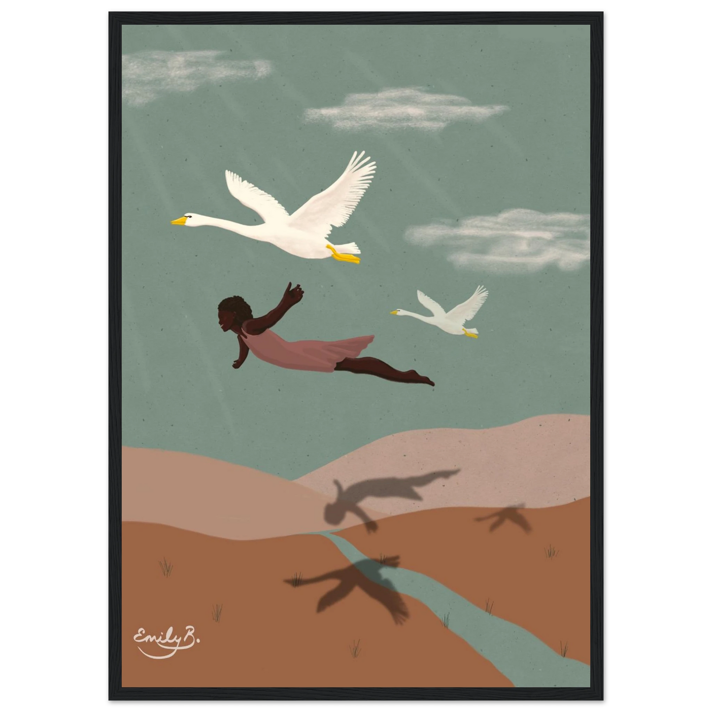 Story-led framed art print featuring shared movement between a woman and swans