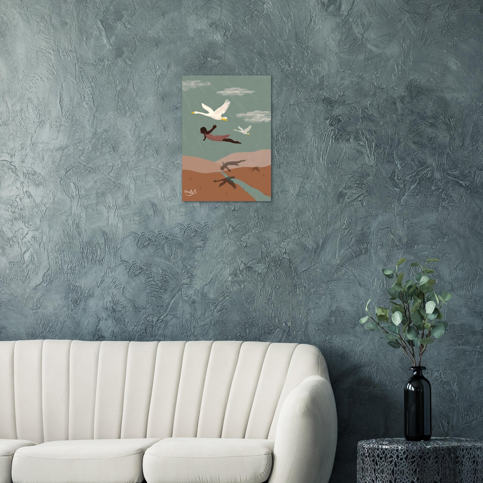 Flying With Swans illustration displayed as wall art, showing a Black female figure moving through the sky with swans and mirrored shadows below