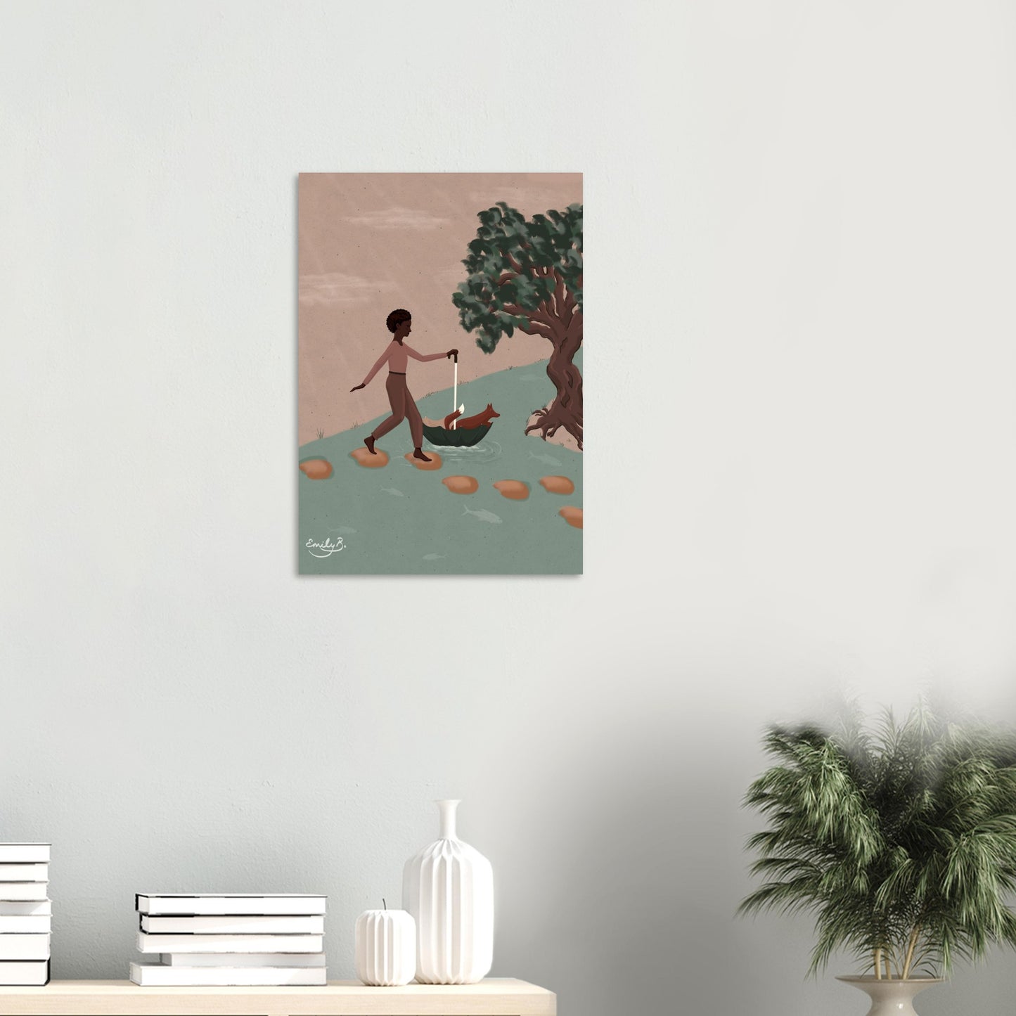Whimsical Fox and Friend art print shown on a neutral-toned wall in a reading nook with books and plants.