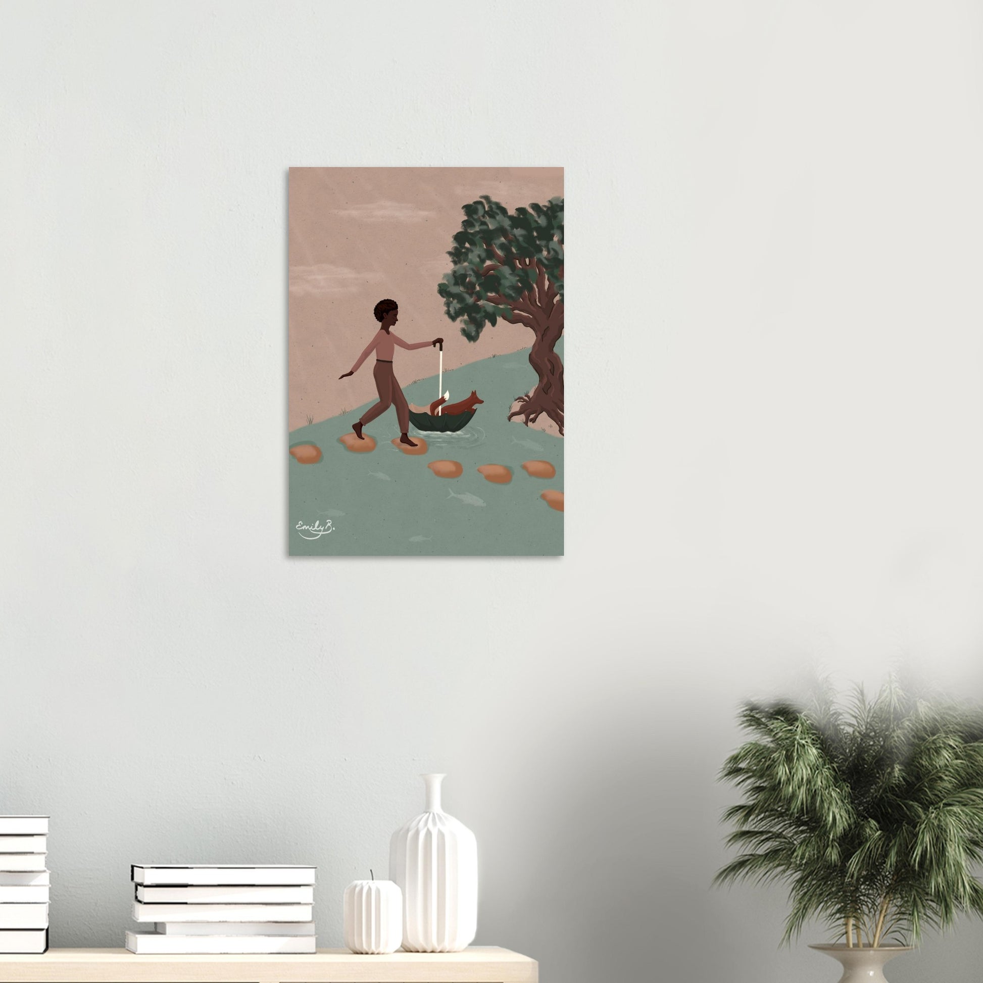 Whimsical Fox and Friend art print shown on a neutral-toned wall in a reading nook with books and plants.