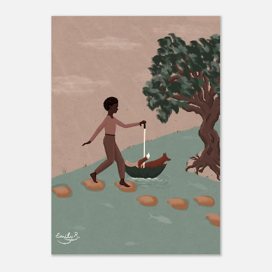 Fox and Friend unframed illustrated art print featuring a Black female figure transporting a fox across a river