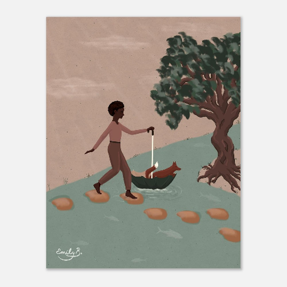 Fox and Friend unframed artwork front view depicting a Black woman and fox in a symbolic river crossing scene