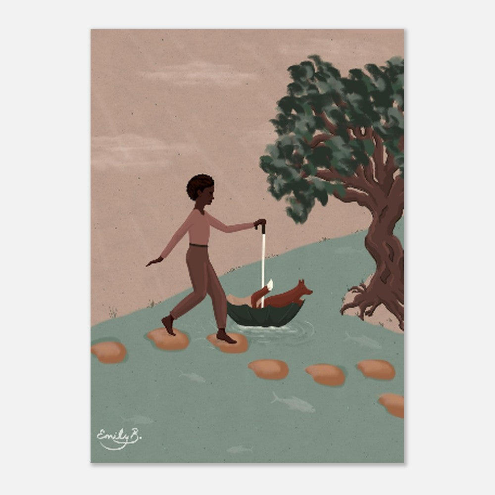 Fox and Friend unframed illustrated art print showing a Black woman carrying a fox in an umbrella across water