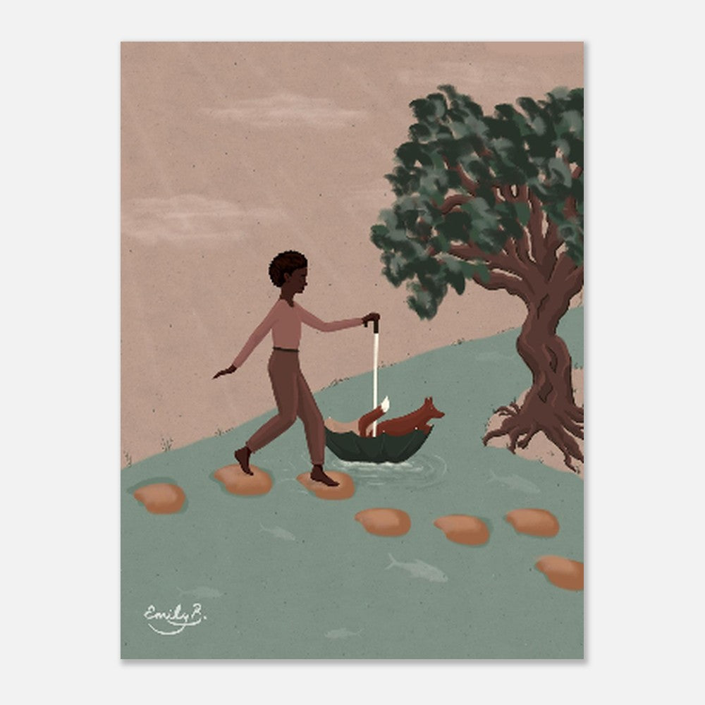 Fox and Friend unframed wall art featuring a Black woman navigating stepping stones with a fox companion