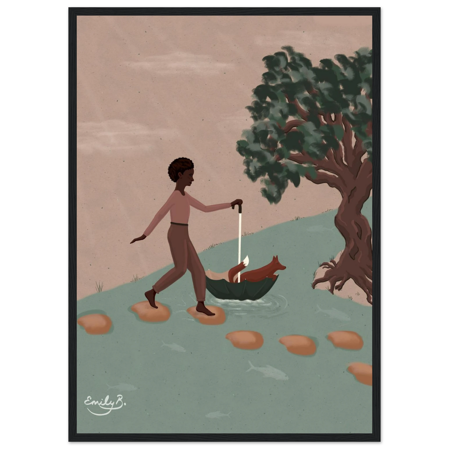 Fox and Friend framed art print showing a woman transporting a fox across water