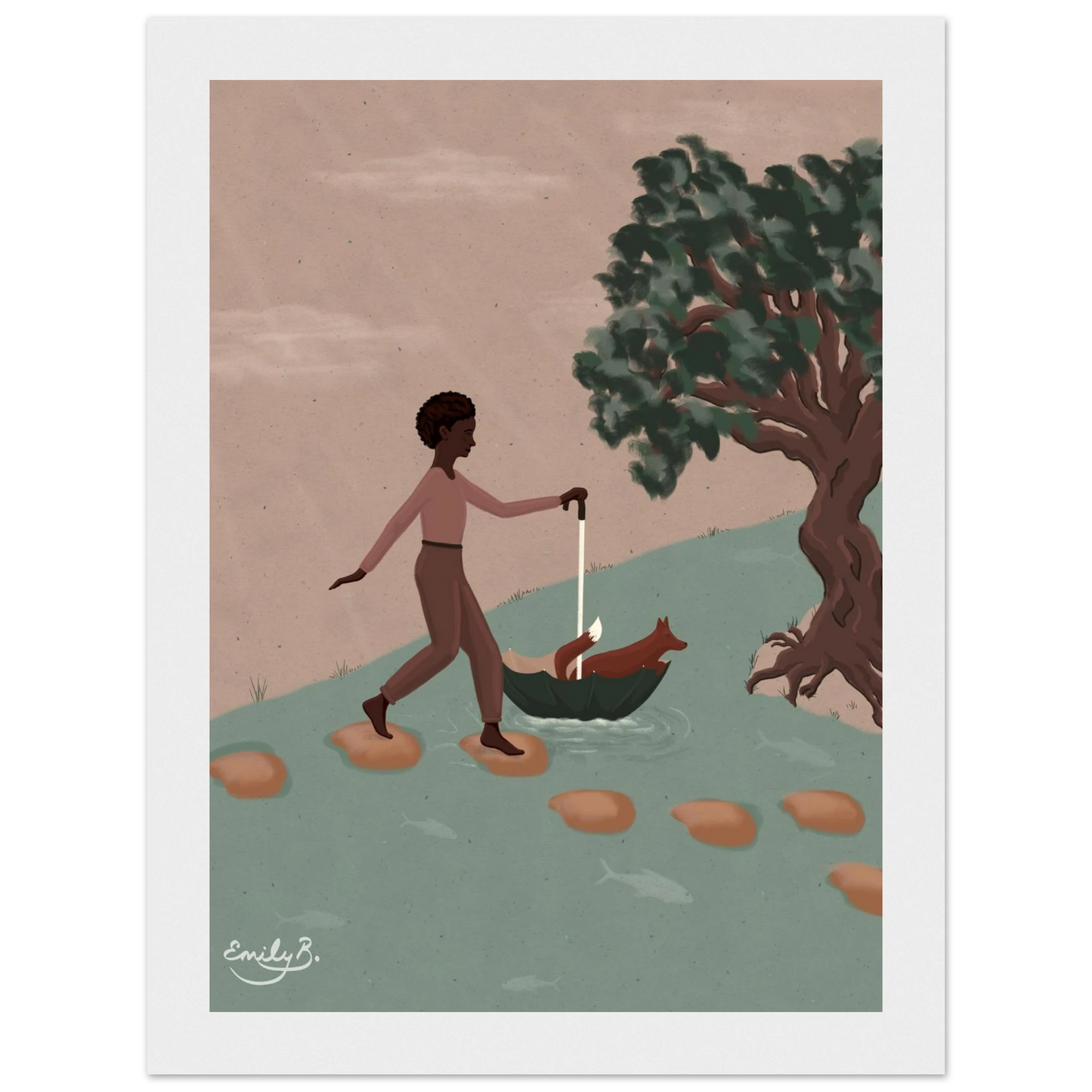 Fox and Friend framed artwork featuring a woman and fox in a story led scene