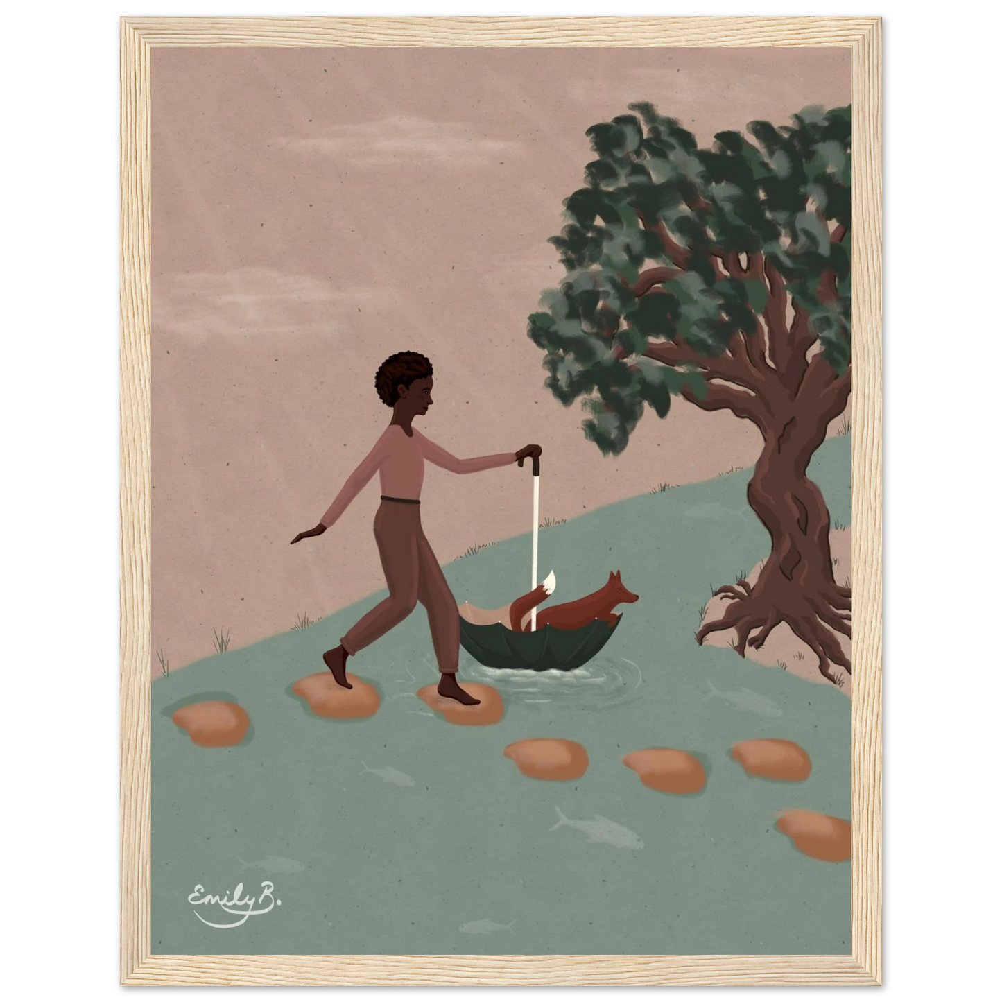 Fox and Friend framed artwork front view featuring a woman crossing stepping stones with a fox