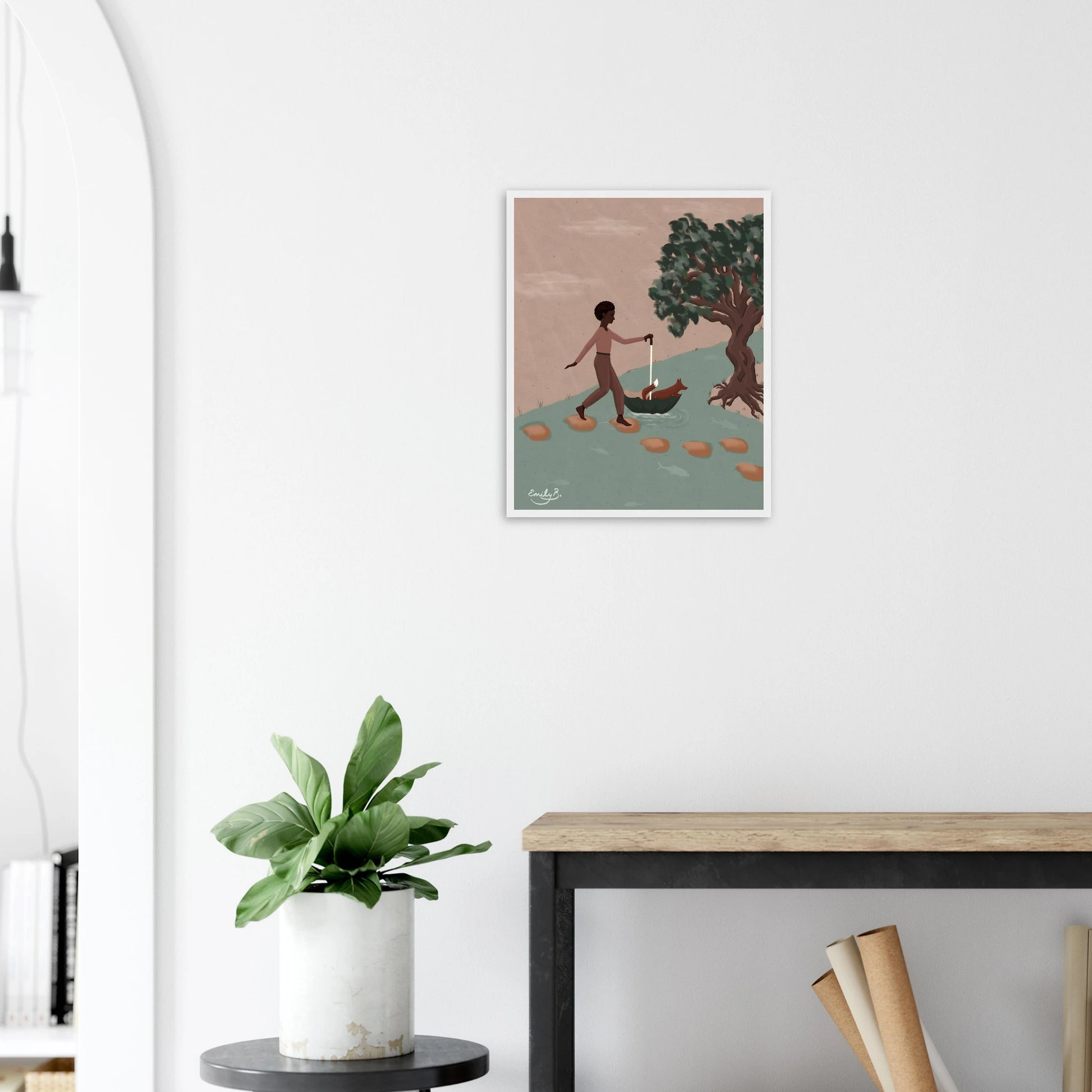 Fox and Friend framed artwork displayed on a living room wall from the Kindred Creatures collection
