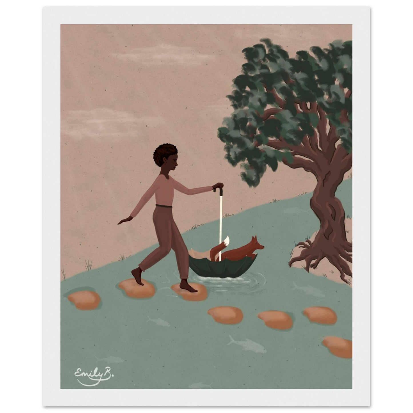 Fox and Friend framed illustration centred on animal companionship