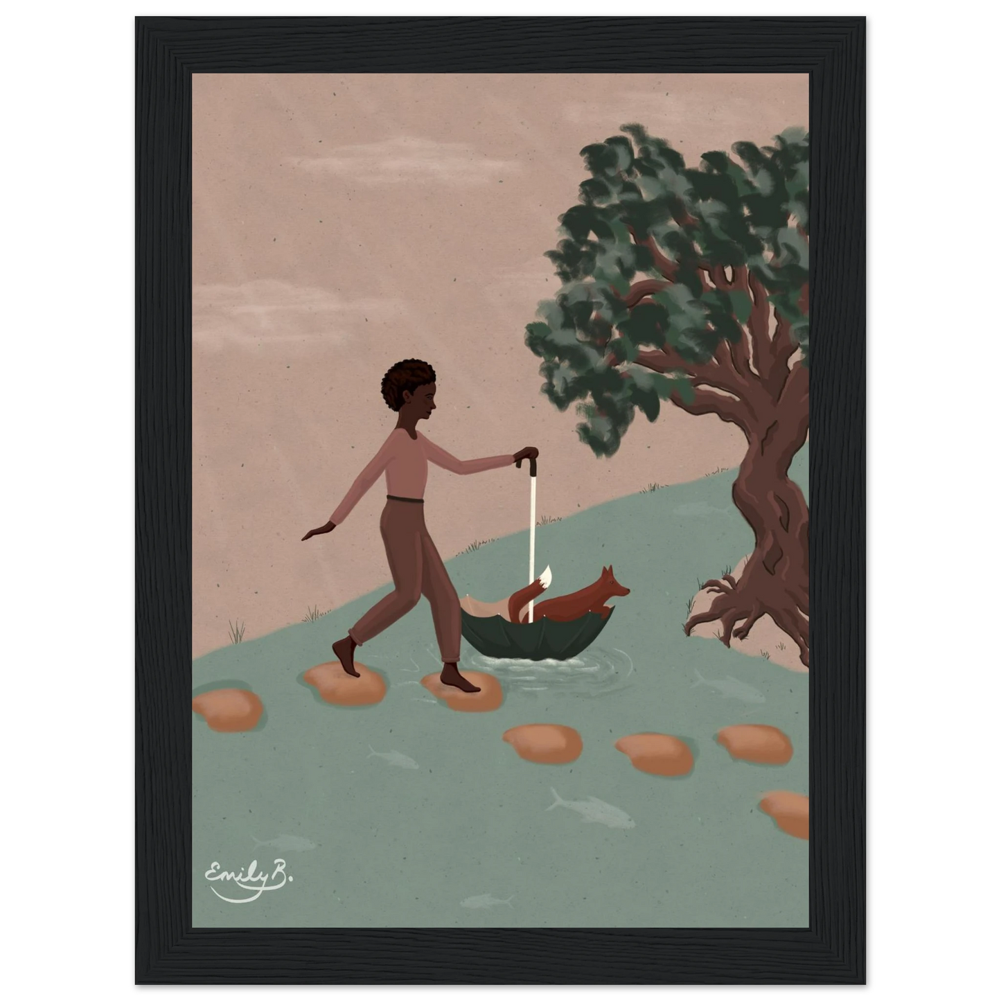 Fox and Friend framed illustration showing a fox carried in an upturned umbrella