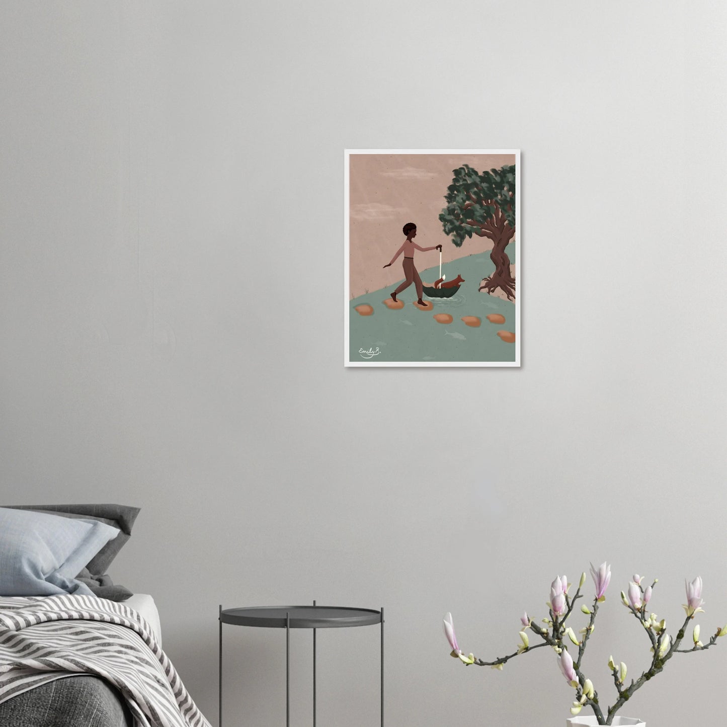 Fox and Friend illustrated framed print shown in a neutral toned home interior