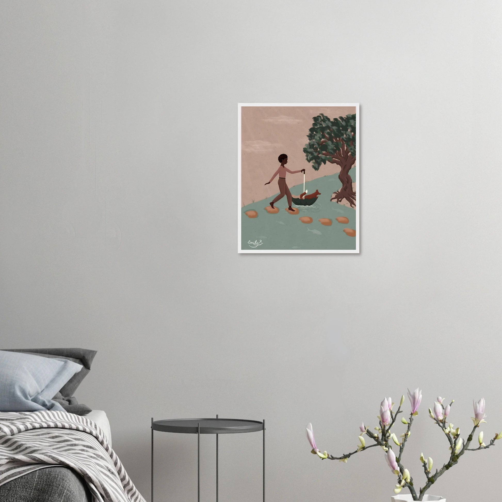 Fox and Friend illustrated framed print shown in a neutral toned home interior