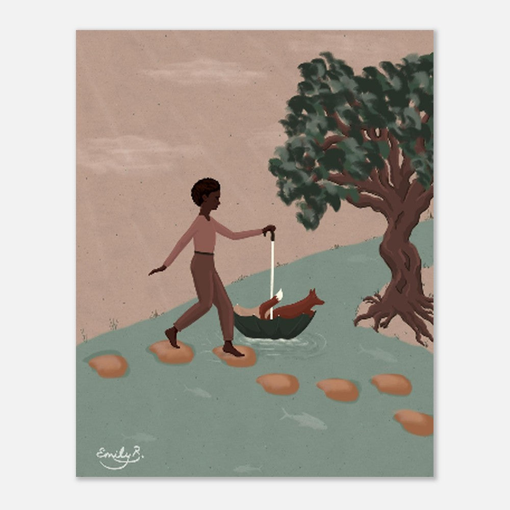 Fox and Friend unframed art print highlighting a Black woman and fox in a story led river scene