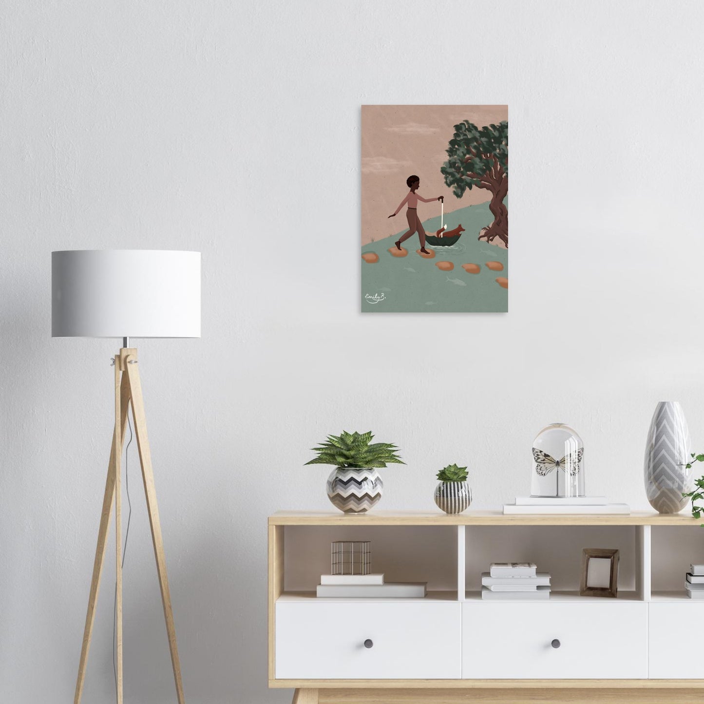 Unframed Fox and Friend art print displayed above a modern sideboard in a light-filled living room, with neutral decor and wood accents.