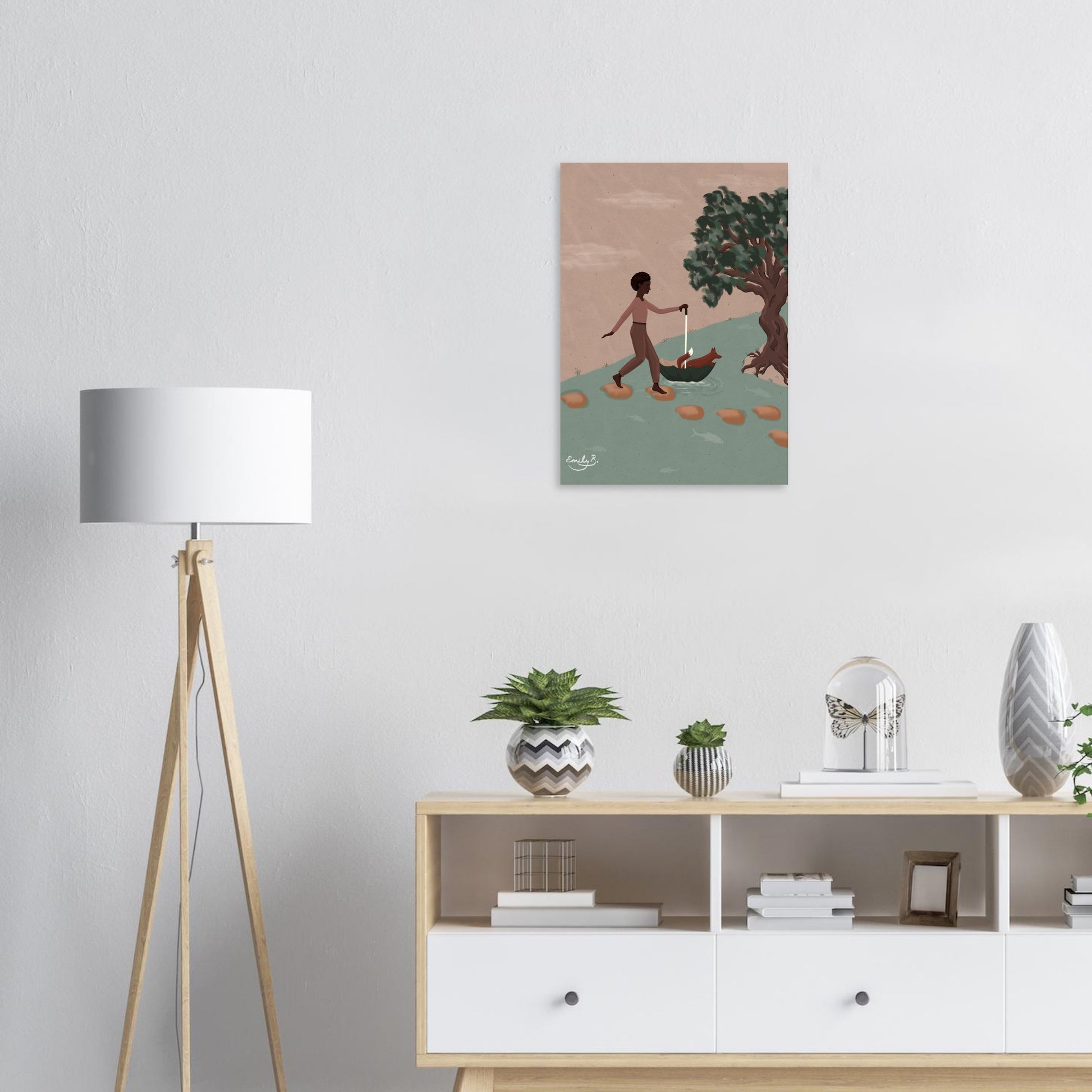 Unframed Fox and Friend art print displayed above a modern sideboard in a light-filled living room, with neutral decor and wood accents.