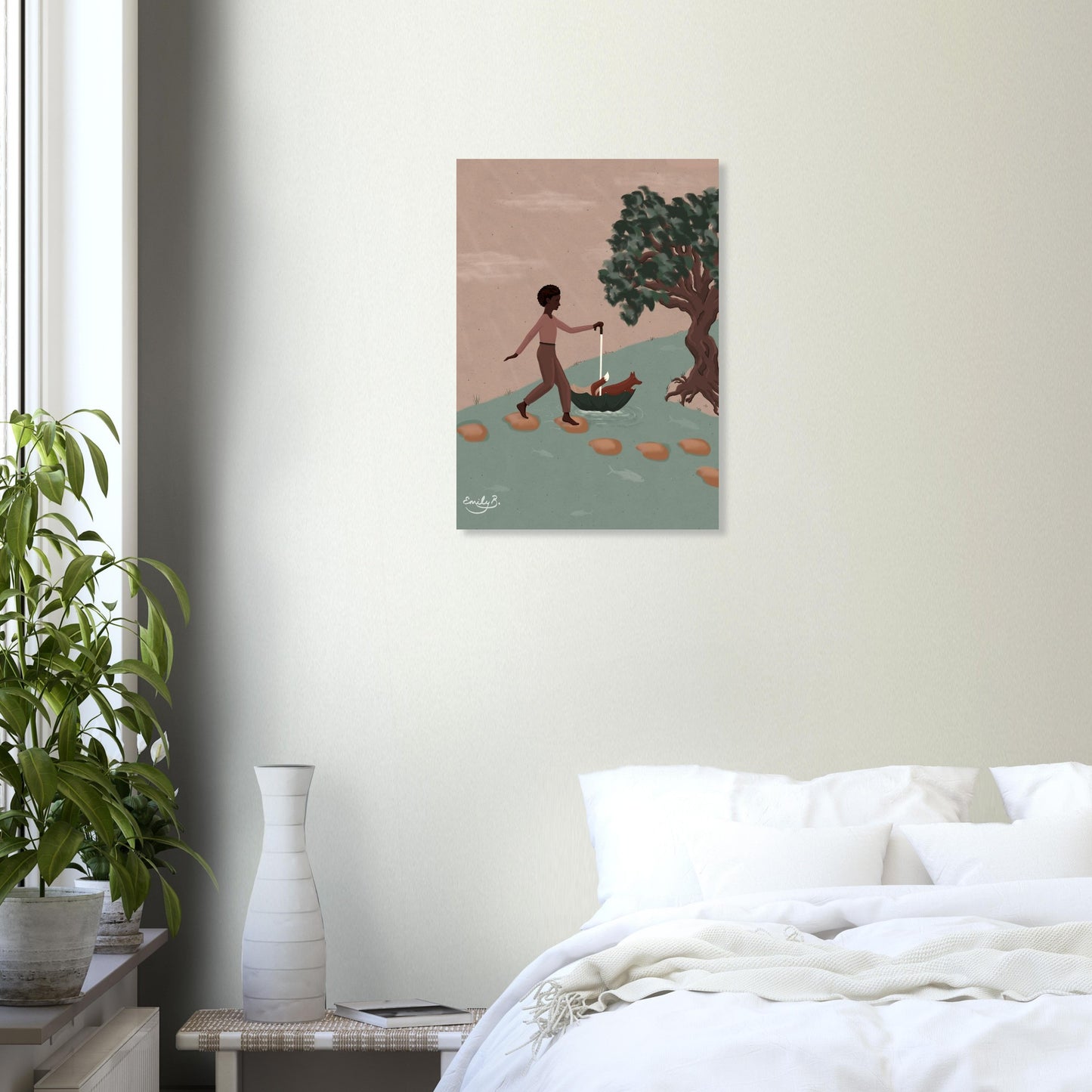 Fox and Friend unframed wall art as part of a minimalist bedroom wall, paired with neutral tones and soft green accents.