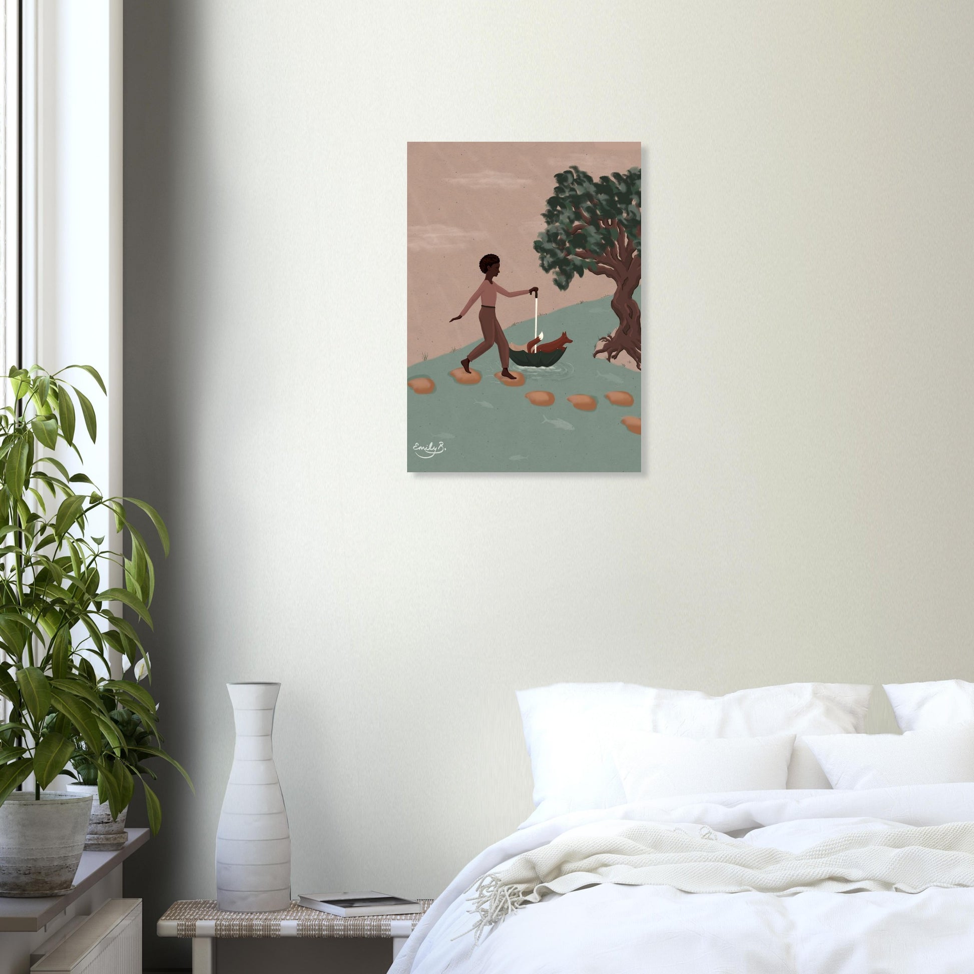 Fox and Friend unframed wall art as part of a minimalist bedroom wall, paired with neutral tones and soft green accents.
