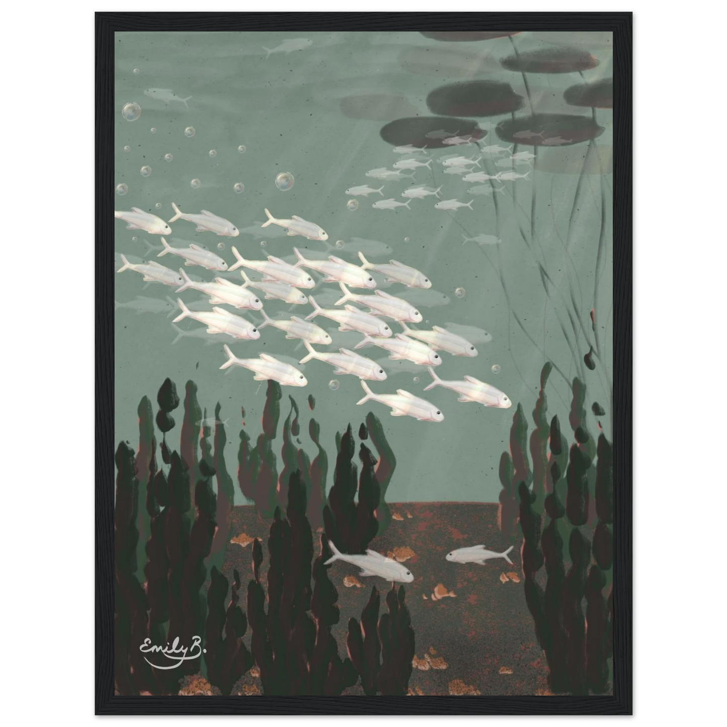 Just the Fish framed art print in blue green water tones