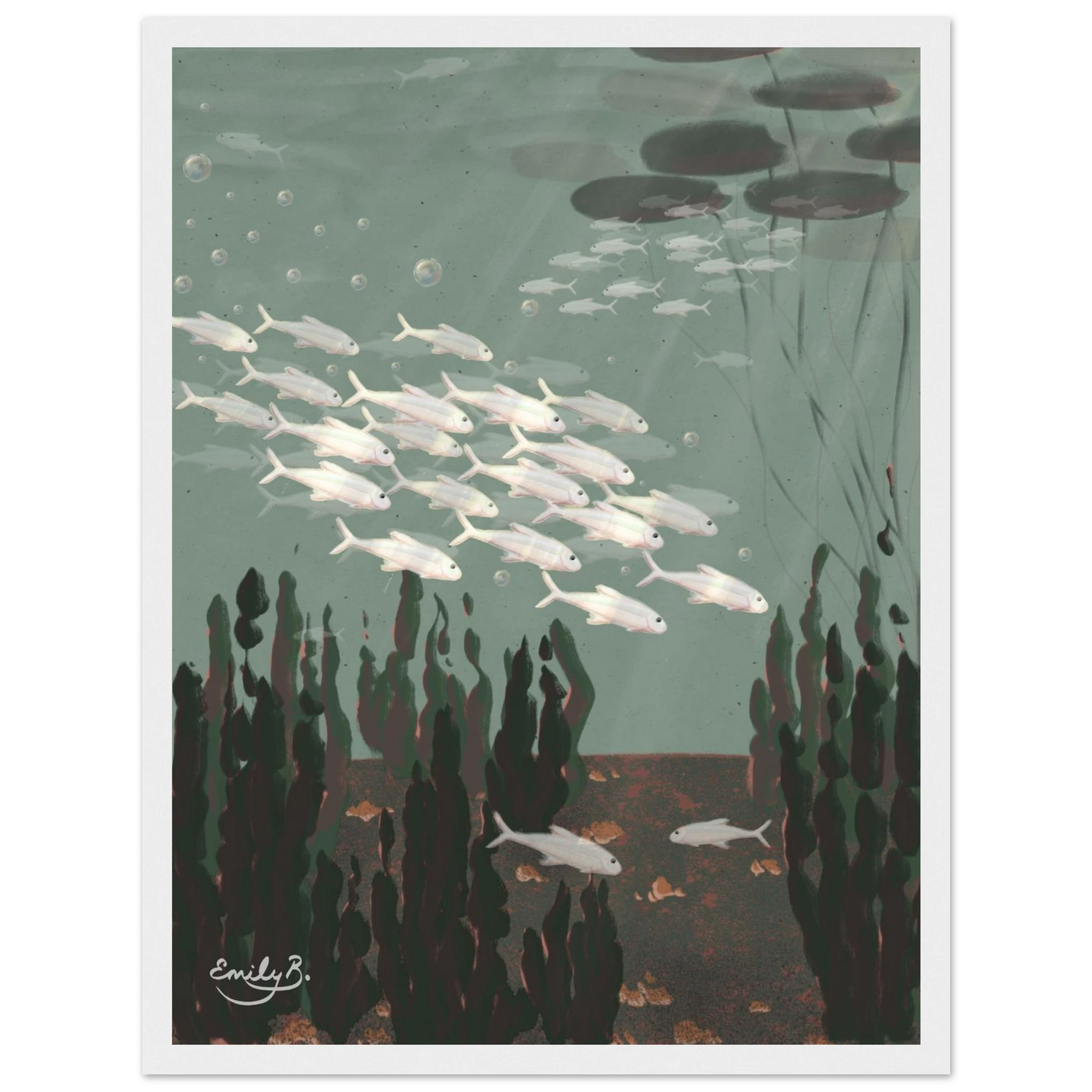 Just the Fish framed art print with lily pads floating on the water surface