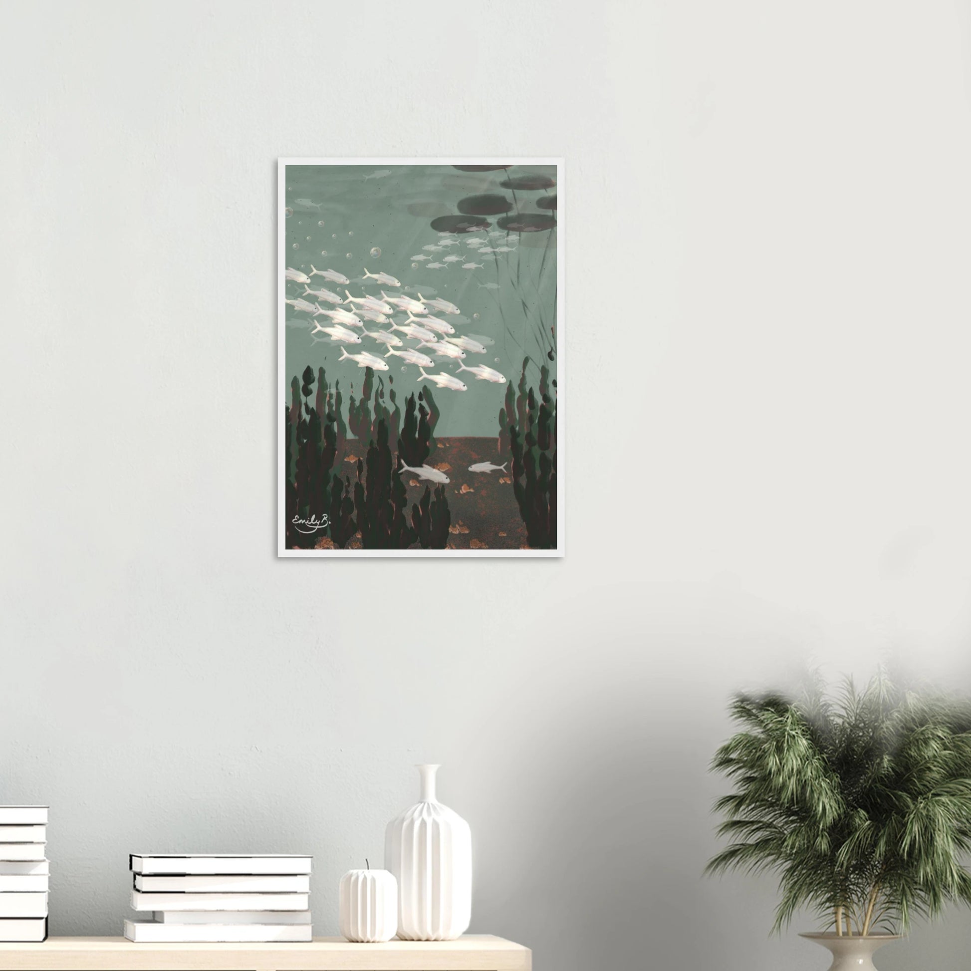 Just the Fish framed art print styled in a modern interior setting