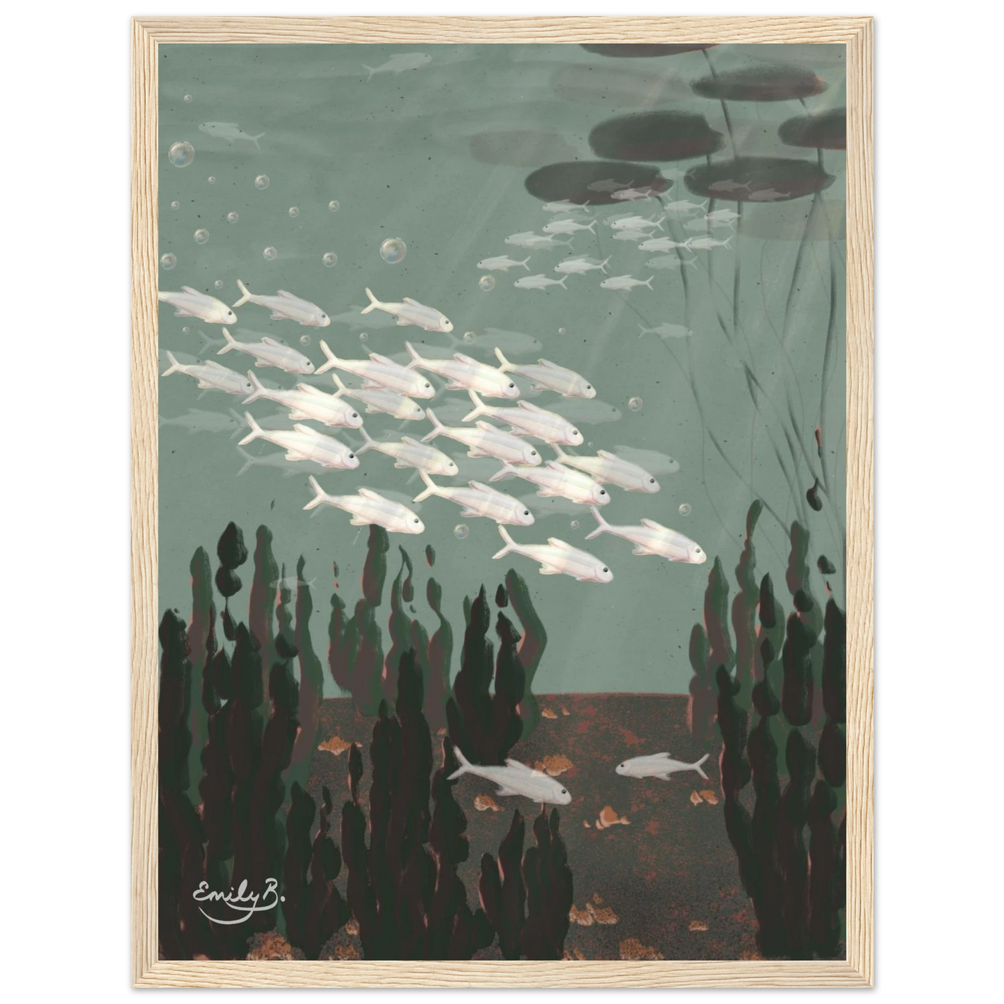 Just the Fish framed art print featuring river bed plants and layered blue green water