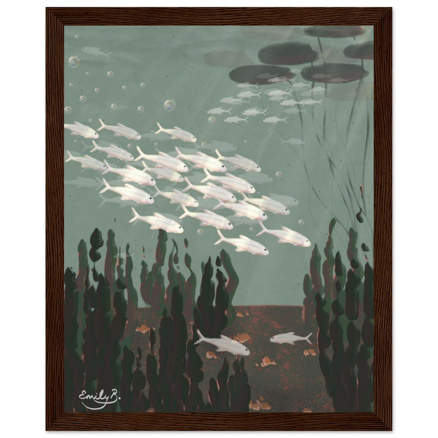 Just the Fish framed art print showing an underwater river scene with fish and lily pads
