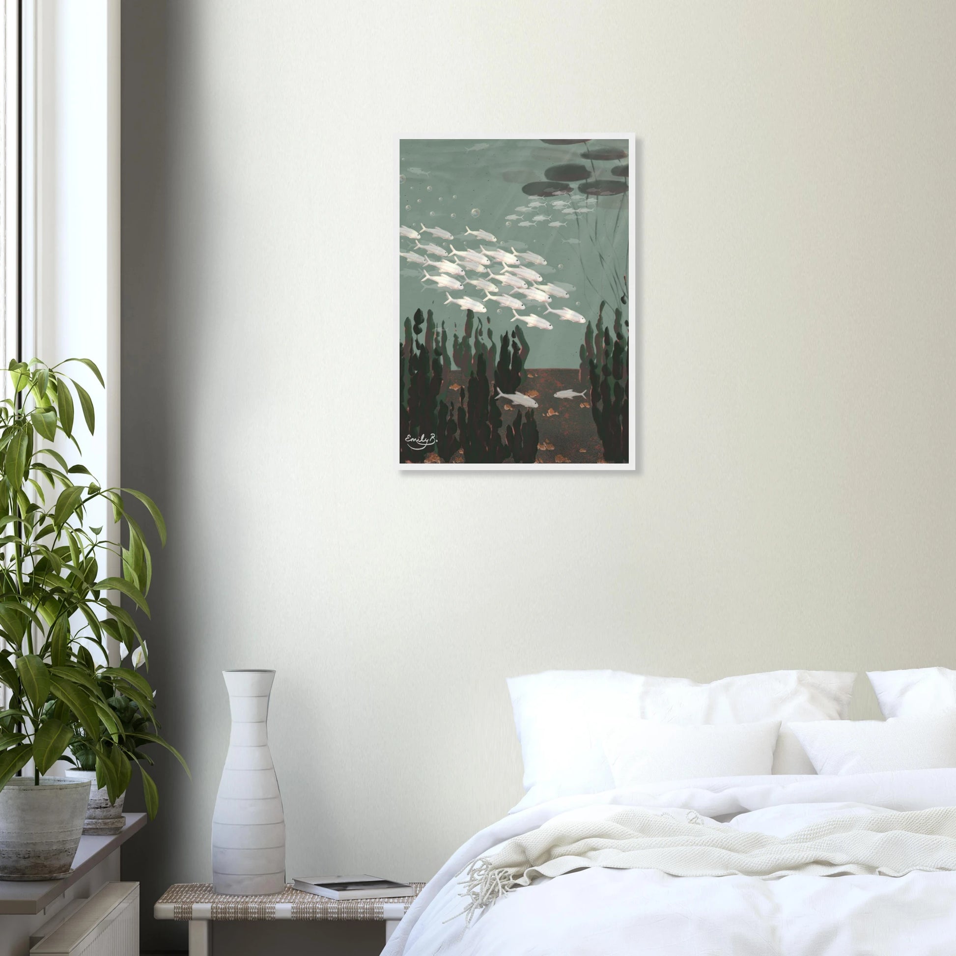 Just the Fish framed artwork styled on a bedroom wall