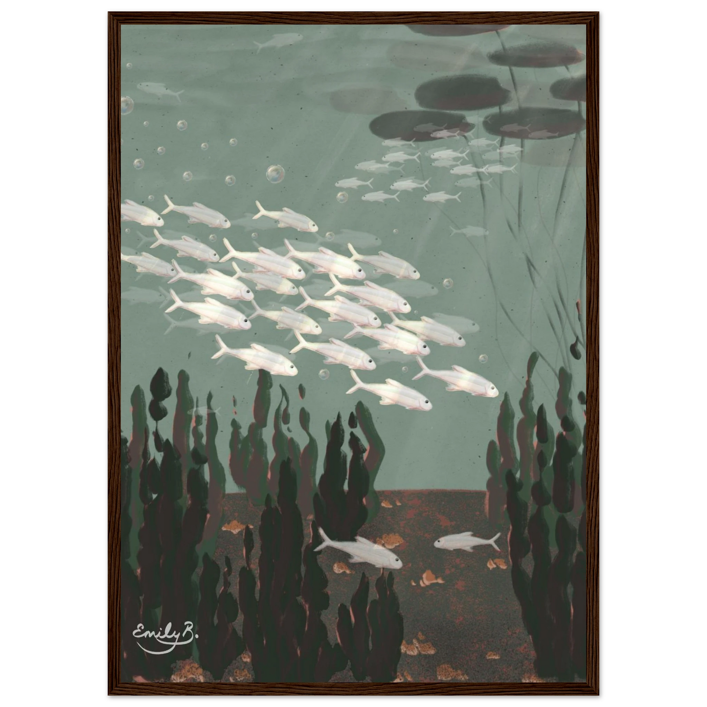 Detailed front view of Just the Fish framed artwork with layered river plants