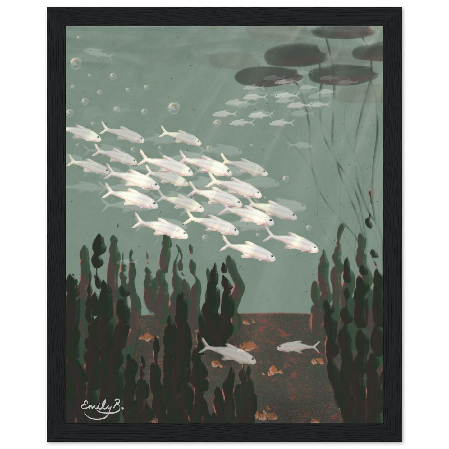 Just the Fish framed artwork front view with silvery fish and river plants