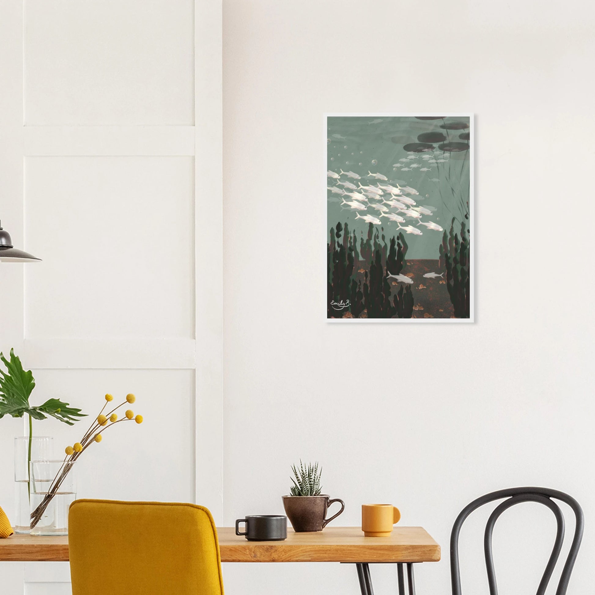 Just the Fish framed artwork displayed on a living room wall from the Kindred Creatures collection