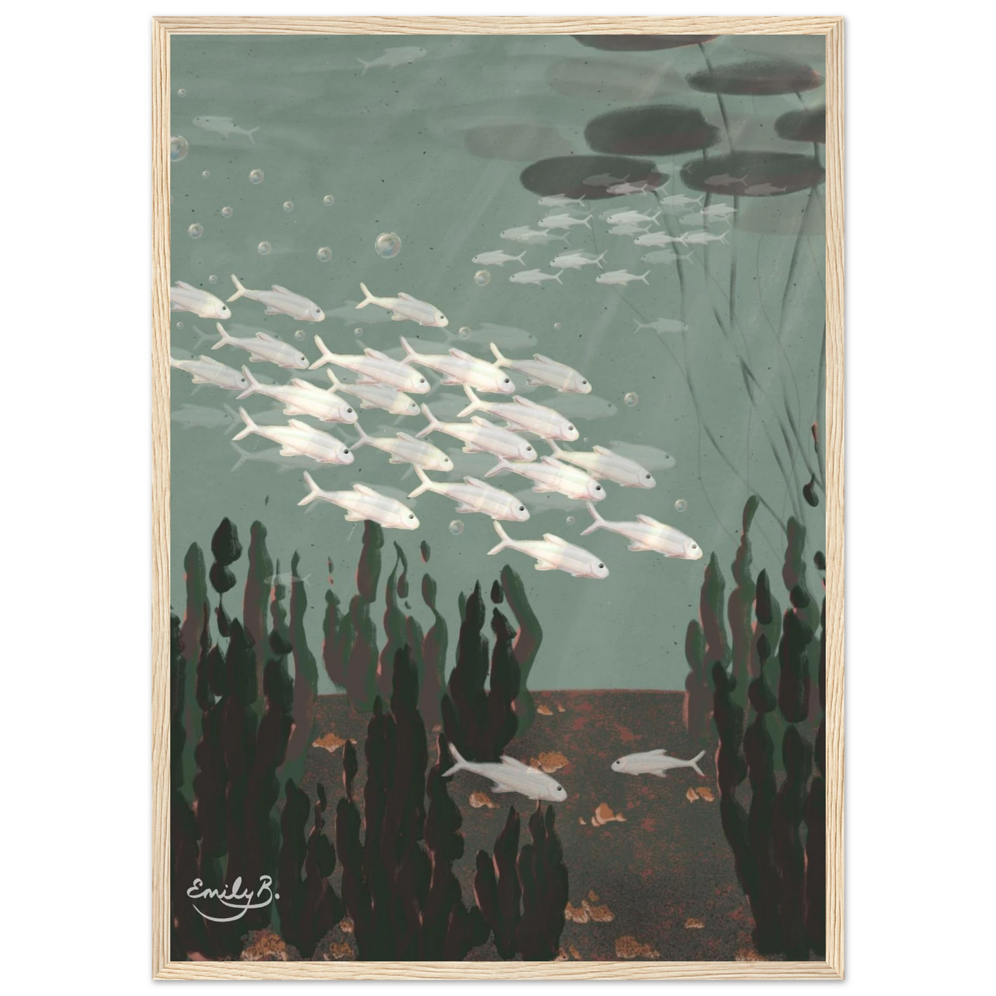 Just the Fish framed illustration of silvery fish swimming beneath the water surface