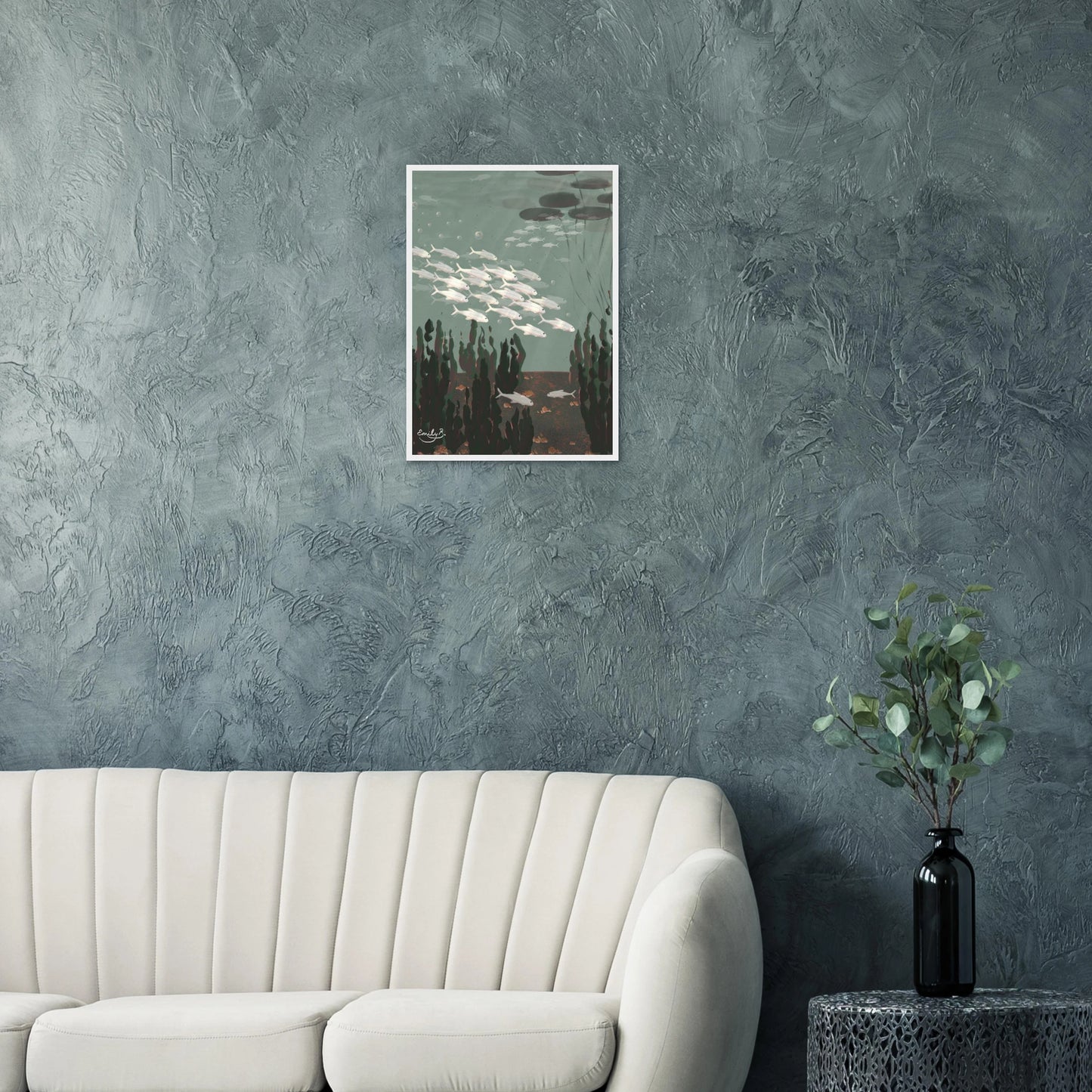 Just the Fish underwater illustration framed and displayed in a neutral interior space